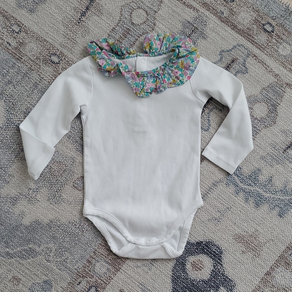 Jacadi Paris Libery Fabric Ruffle Long Sleeve White Bodysuit Sz12m